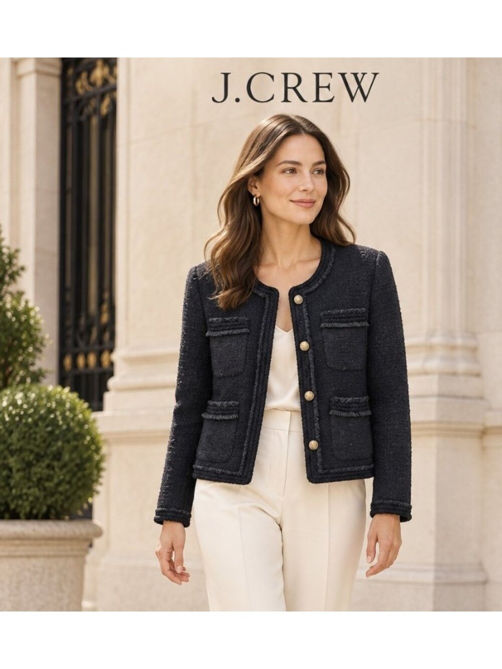 J.Crew Black Tweed Lady Jacket Gold Buttons 12P